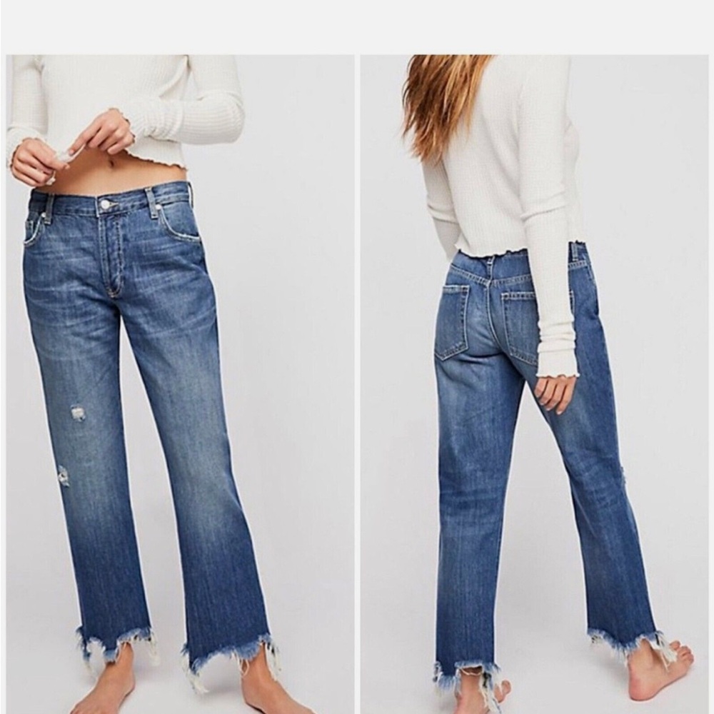 We The Free Maggie Mid Rise Distressed Blue Straight-Leg Jeans with Frayed Hem